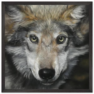 Könnte beinhalten: Gerahmtes Kunstwerk mit einem detaillierten Porträt eines Wolfes. Das Gesicht des Wolfes ist im Zentrum, mit grauem, braunem und weißem Fell. Die Augen des Wolfes sind ein auffälliges Gelbgrün, und das Kunstwerk ist in einem dunklen Holzrahmen gefasst.