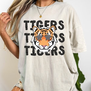Retro Preppy Black Leopard Glitter Letters | Star-Eyed Tigers Mascot PNG | Team Spirit Digital Download | Go Tigers PNG File