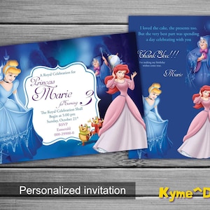 Faire-part d'anniversaire personnalisé, faire-part princesse Ariel et Cendrillon, faire-part d'anniversaire imprimable et numérique avec carte de remerciement gratuite