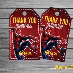 NEW Birthday thank you tag, spider man birthday tag, printable party tag, Digital birthday thank you tag, souvenir birthday tag
