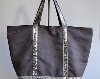 Sac cabas en suédine gris paillettes argent fait main style Vanessa Bruno mode femme