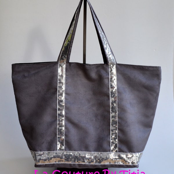 Sac cabas en suédine gris paillettes argent fait main style Vanessa Bruno mode femme