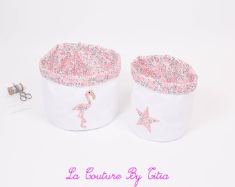 Lot de 2 panières corbeilles de rangement fait main blanc et flamant rose liberty wiltshire pois de senteur @lacouturebytitia