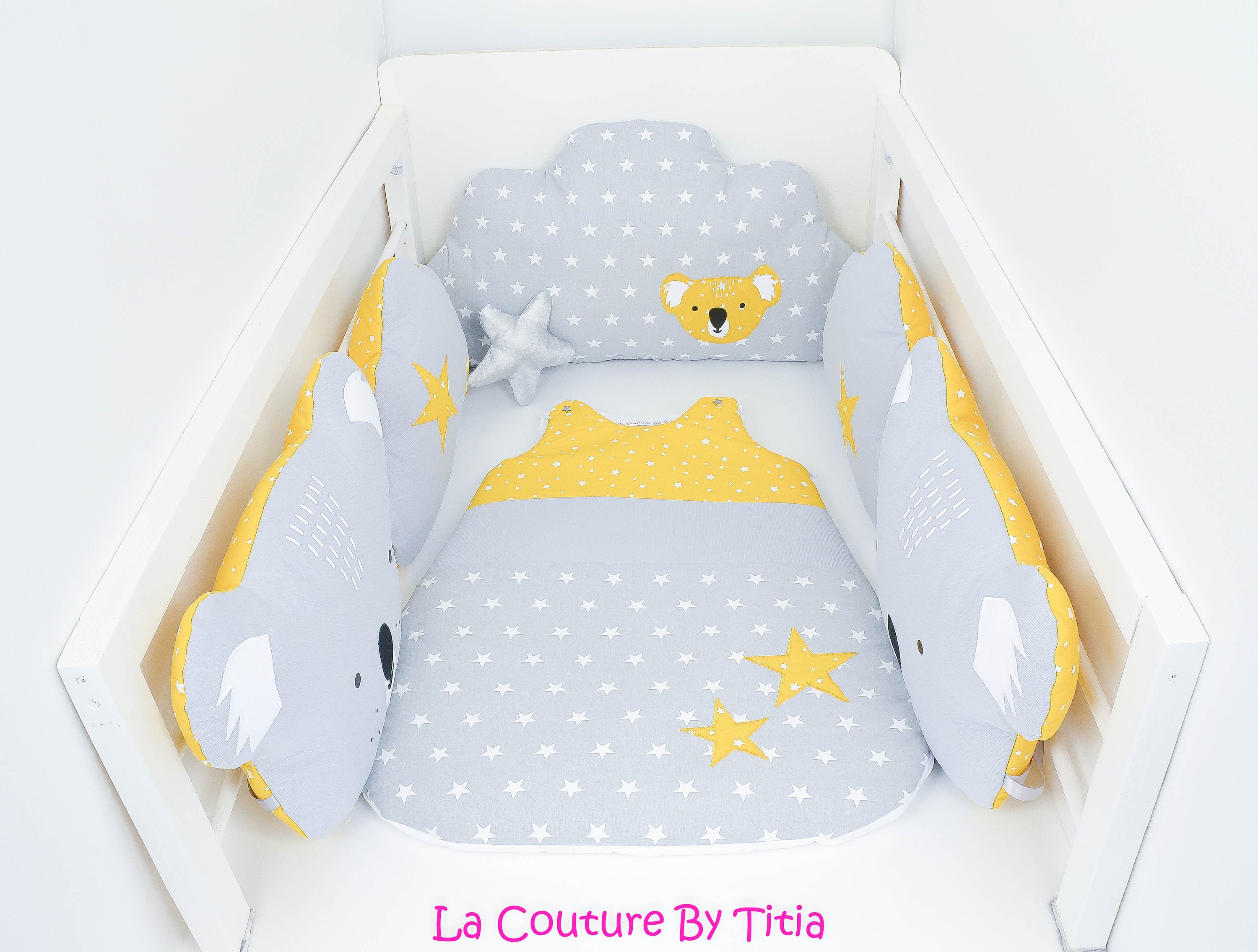 Coussins Nuage Pour Tour de Lit ou Parc à L'unité Koala Étoiles Gris et Jaune Moutarde