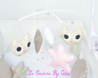 Mobile musical baby white owl, origami gold, pink and owl gold glitter
