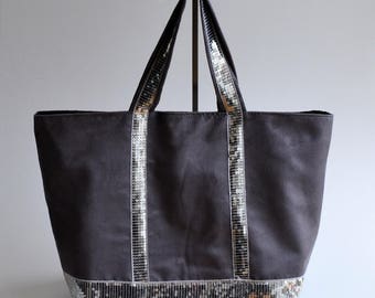 Sac cabas en suédine gris paillettes gris fait main style Vanessa Bruno mode femme