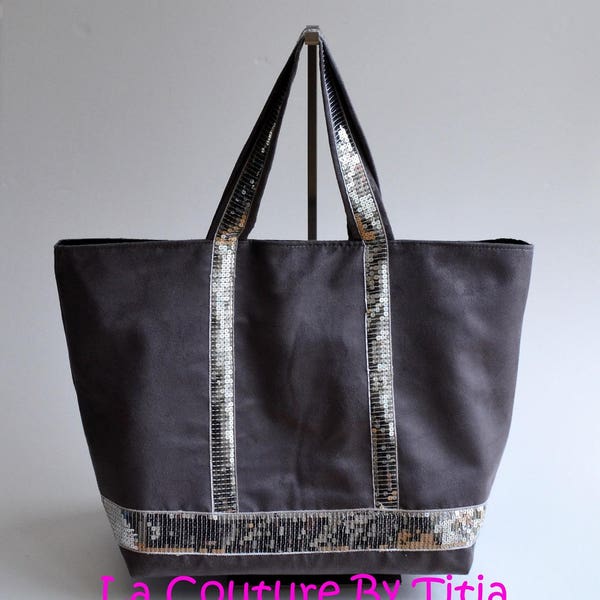 Gray suede tote bag with gray sequins handmade Vanessa Bruno style women's fashion