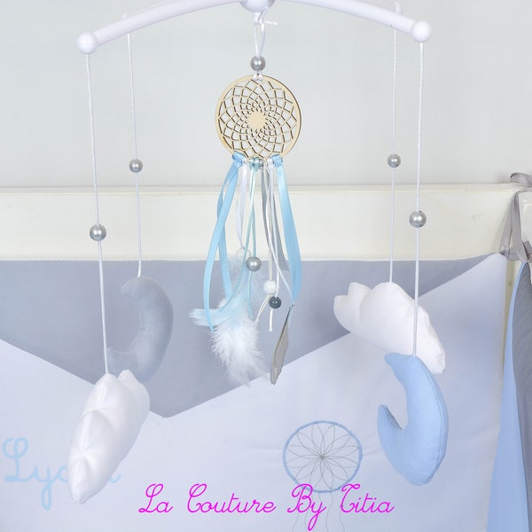 Mobile musical bébé attrape rêves nuage minky blanc et lune bleu ciel @lacouturebytitia