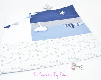 Awakening, park mats, 100x 100 cm play mats in navy blue patchwork, denim blue, white minky and bird @lacouturebytitia