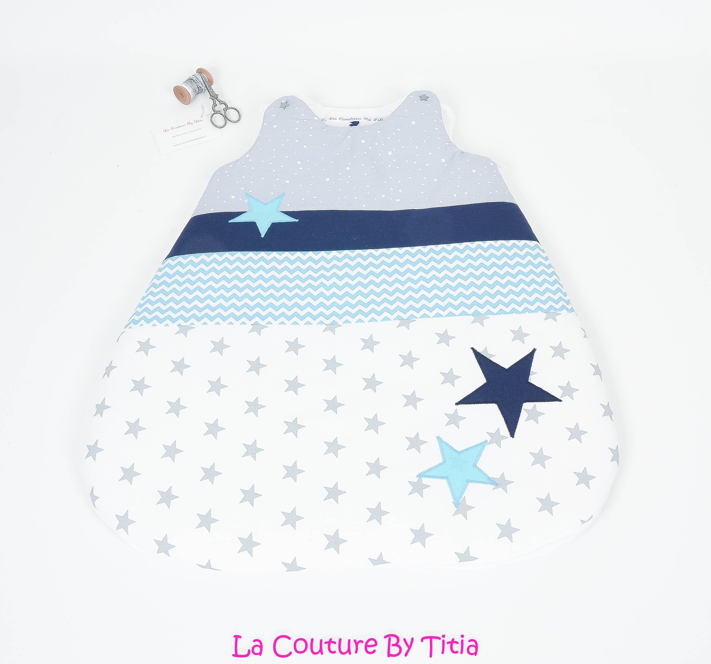 Turbulette Gigoteuse 0 - 6 Mois Fait Main Blanc Étoiles Gris, Chevron Turquoise et Bleu Marine @laco