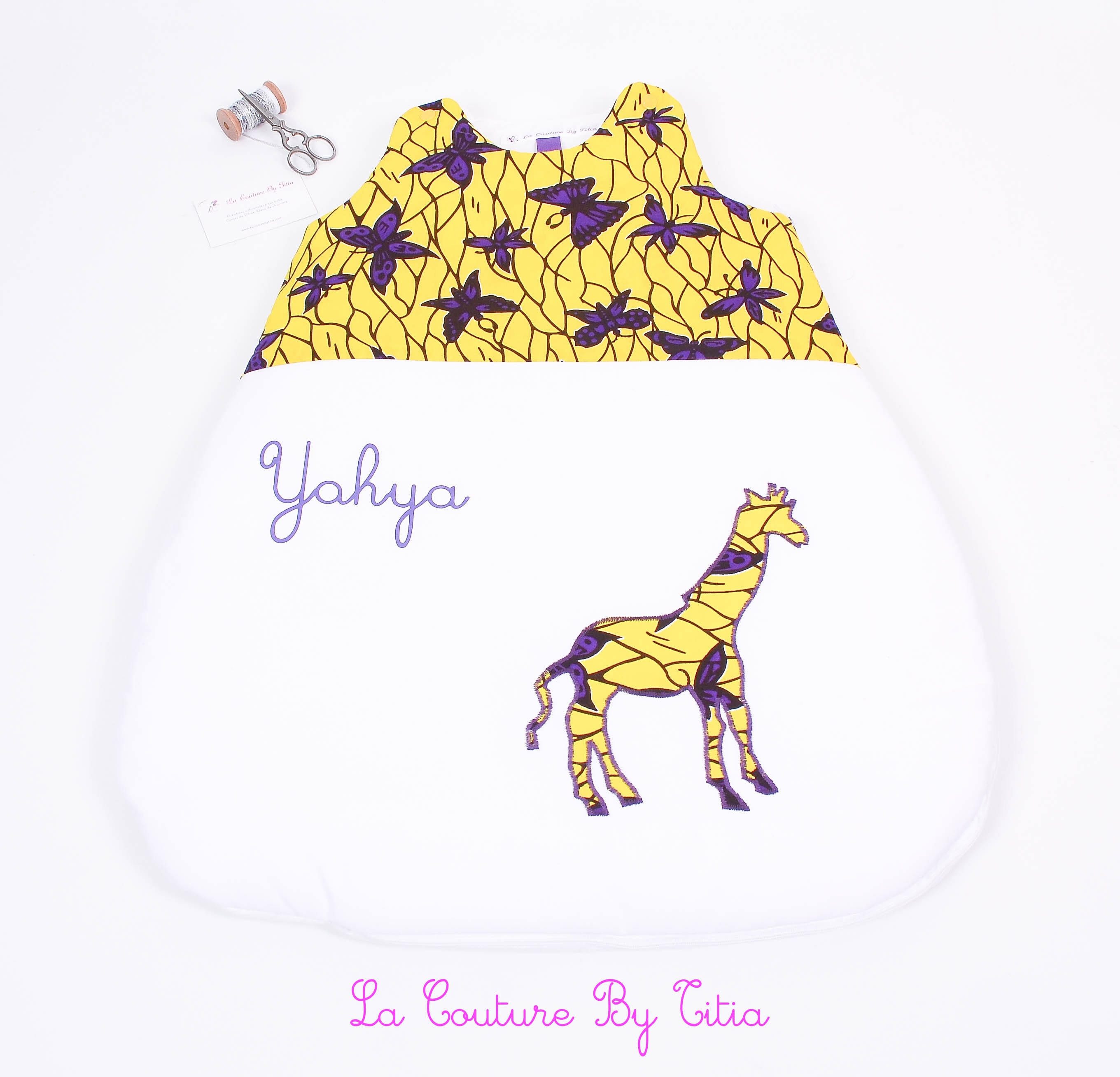 Turbulette Gigoteuse 0 - 6 Mois Fait Main Wax Blanc Jaune et Violet Thème Savane Girafe Éléphant @la