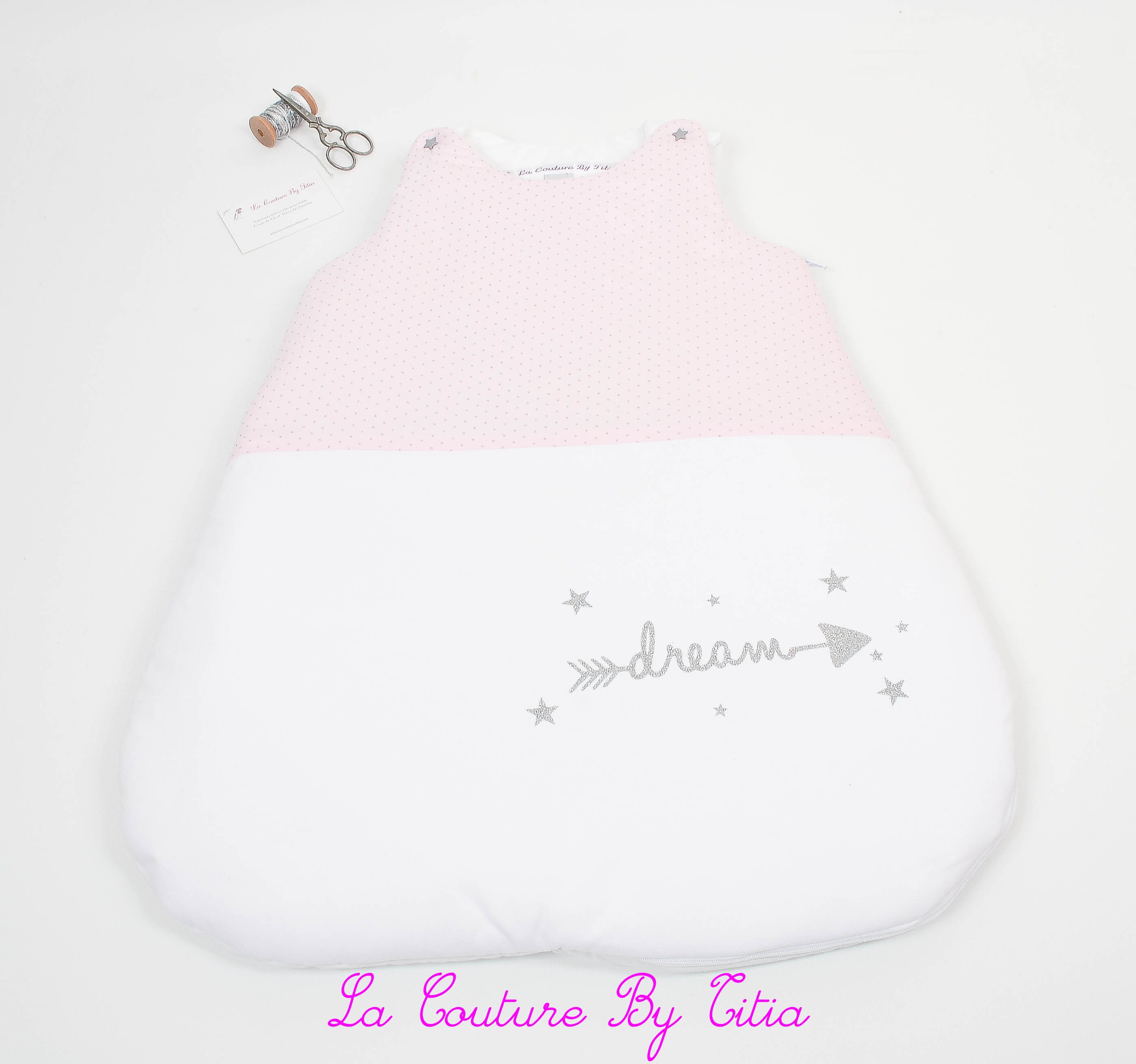 Turbulette Gigoteuse 0 - 6 Mois Fait Main Blanc et Rose Poudré Argent Motif Dream @lacouturebytitia