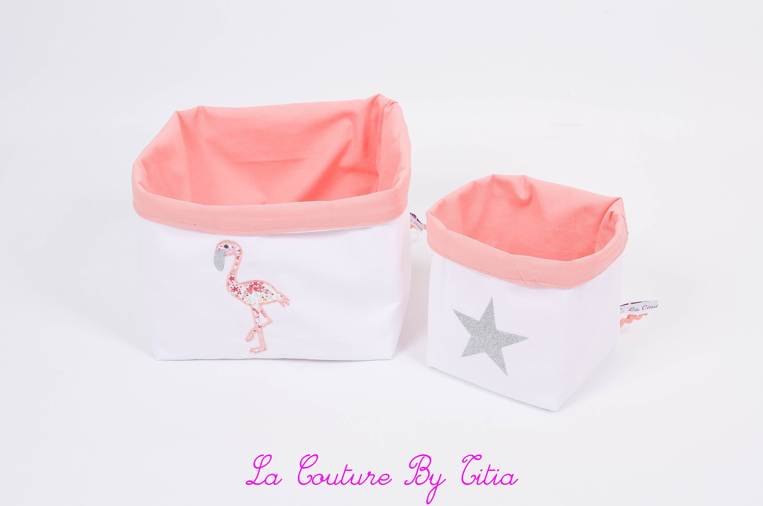 Lot de 2 Panières Corbeilles Rangement Fait Main Blanc et Flamant Rose Liberty Adelajda Corail @laco