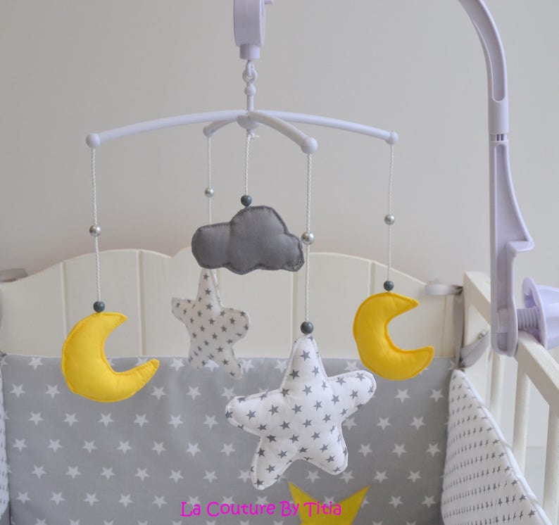 Mobile musical baby stars Moon and cloud grey and yellow lacouturebytitia image 1