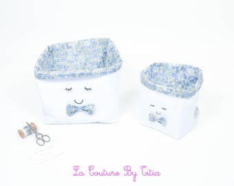 Lot de 2 panières corbeilles de rangement fait main blanc et noeud papillon liberty Poppy blue @lacouturebytitia