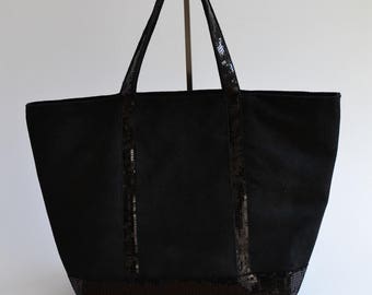 Sac cabas en suédine noir paillettes fait main style Vanessa Bruno mode femme