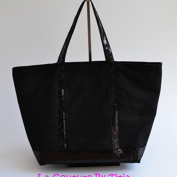 Sac cabas en suédine noir paillettes fait main style Vanessa Bruno mode femme