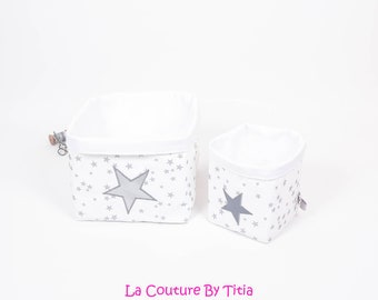 Set of 2 baskets storage baskets handmade white stars gray, silver @lacouturebytitia