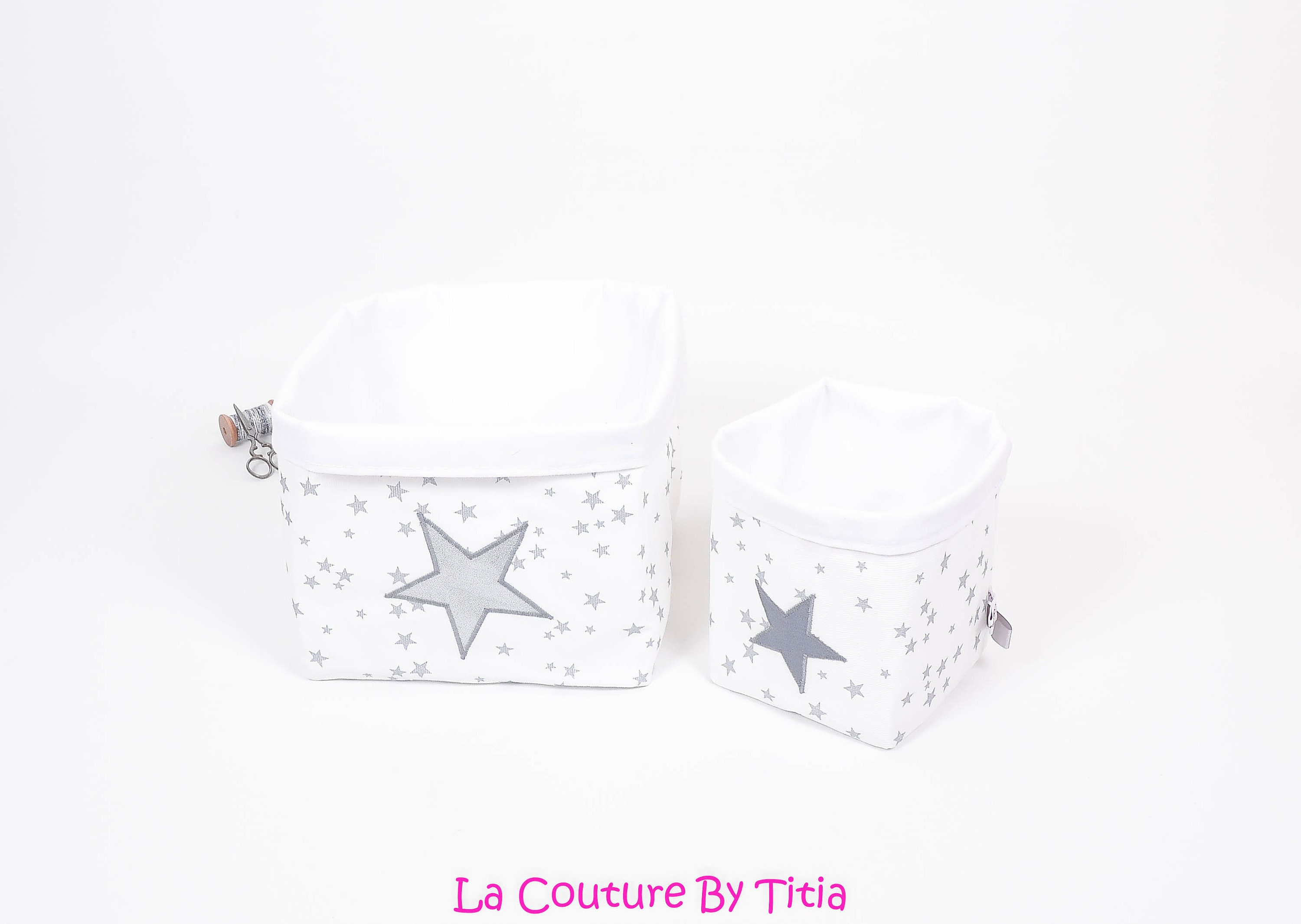 Lot de 2 Panières Corbeilles Rangement Fait Main Blanc et Étoiles Gris, Argent @lacouturebytitia