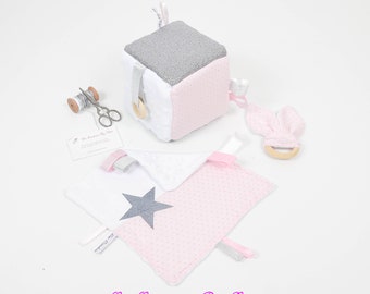 Box, Montessori-inspired games and matching pink to polka dot silver blanket