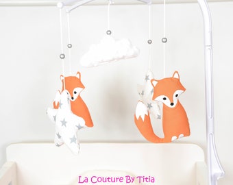 Mobile musical baby handmade Fox @lacouturebytitia white minky cloud and stars