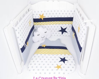 Schlafsack 0–6 Monate Handgefertigte weiße graue Sterne, Senf-Chevron und Marineblau @lacouturebytitia