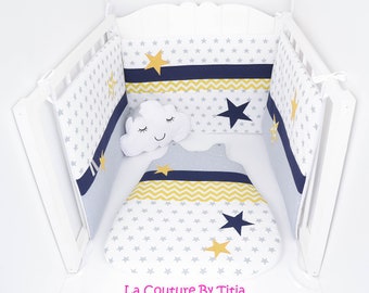 Turbulette Gigoteuse 0 - 6 Months Handmade white stars gray, mustard chevron and navy blue @lacouturebytitia