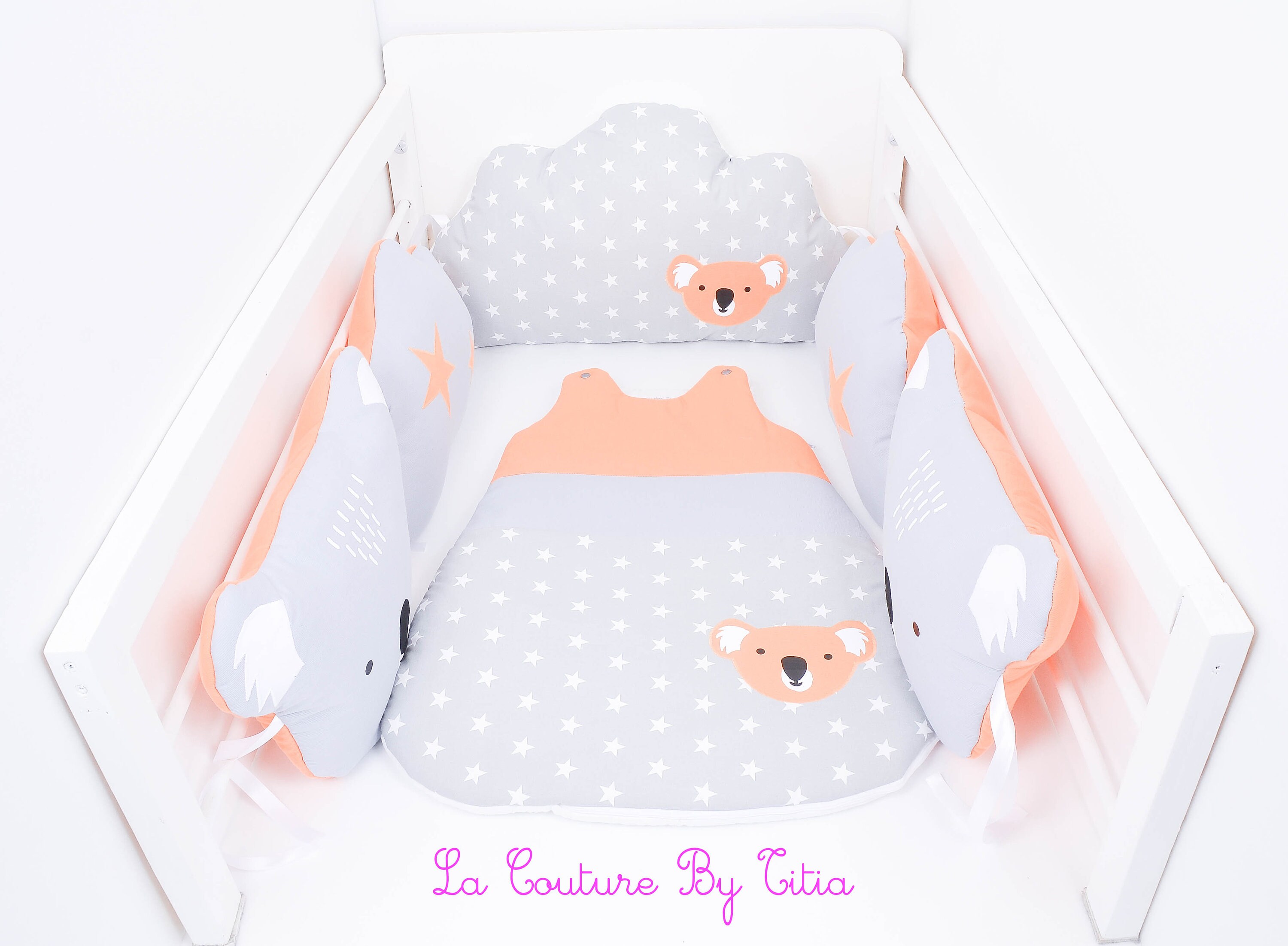 Coussins Nuage Pour Tour de Lit ou Parc à L'unité Koala Étoiles Gris et Orange