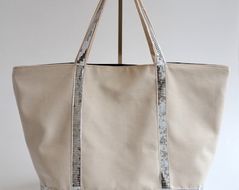 Beige canvas tote bag with silver sequins, handmade, Vanessa Bruno style, women's fashion