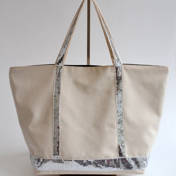 Beige canvas tote bag with silver sequins, handmade, Vanessa Bruno style, women's fashion