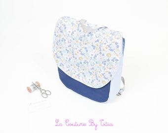 Crib backpack, navy blue personalized kindergarten, navy and Liberty Betsy denim