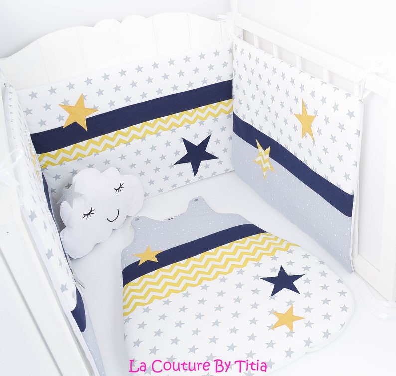 Turbulette Gigoteuse 0 6 Months Handmade white stars gray, mustard chevron and navy blue lacouturebytitia image 7