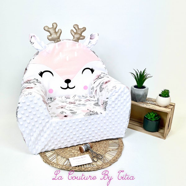 Fauteuil enfant, fauteuil enfant personnalisable, Fauteuil enfant biche fleuri minky blanc