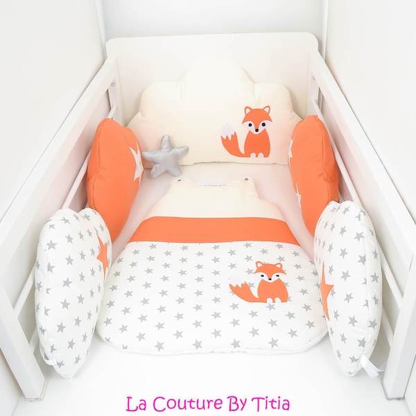 Turbulette Gigoteuse 0 - 6 mois Fait Main renard blanc étoiles gris, orange et beige @lacouturebytitia