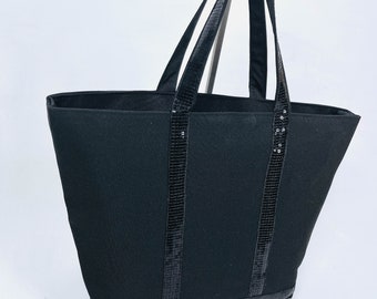 Handmade black waterproof canvas shopping bag with black sequins, Vanessa Bruno style, women's fashion