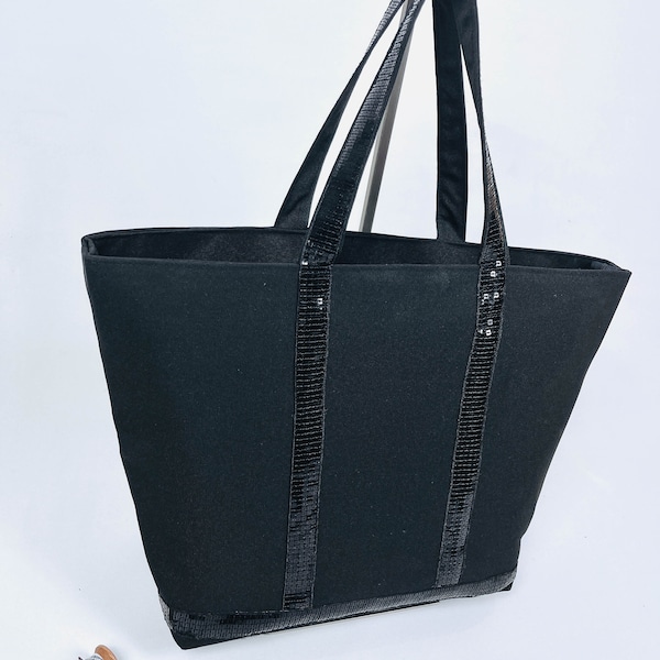 Sac cabas en toile imperméable noire paillettes noires fait main style Vanessa Bruno mode femme