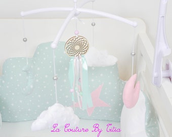 Mobile musical baby catches dreams Mint cloud white minky and pink @lacouturebytitia Moon