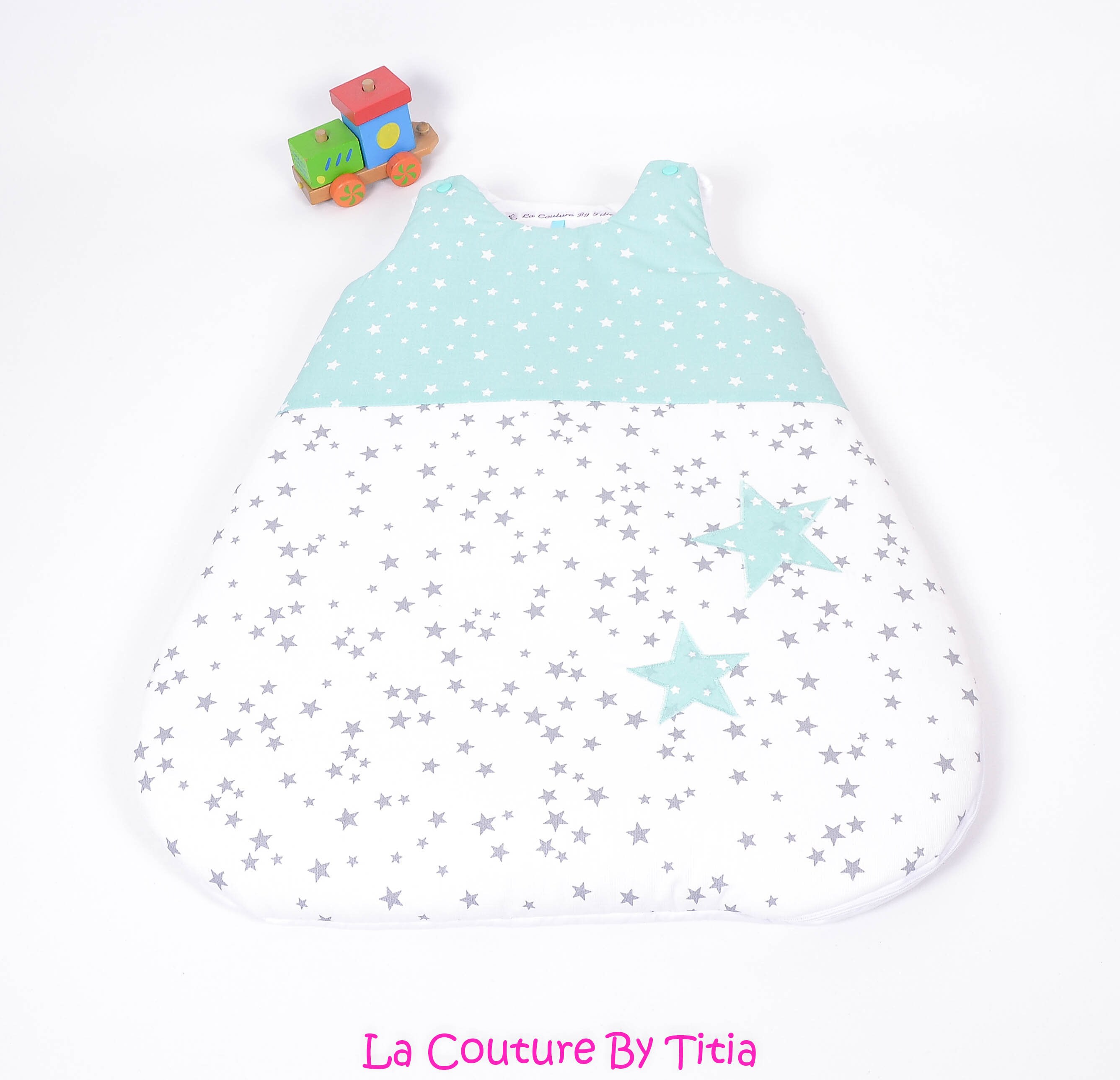 Turbulette Gigoteuse 0 - 6 Mois Fait Main Pluie d'étoiles Gris et Étoiles Vert d'eau @lacouturebytit