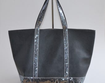 Tote bag in faux leather gray silver sequins handmade Vanessa Bruno style women's fashion
