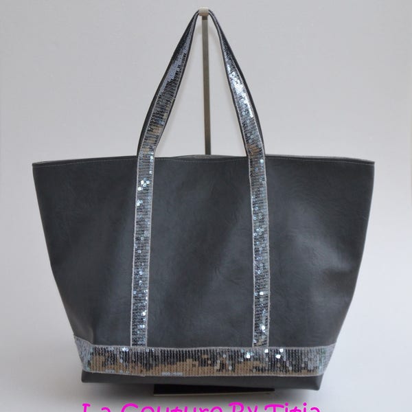 Tote bag in faux leather gray silver sequins handmade Vanessa Bruno style women's fashion