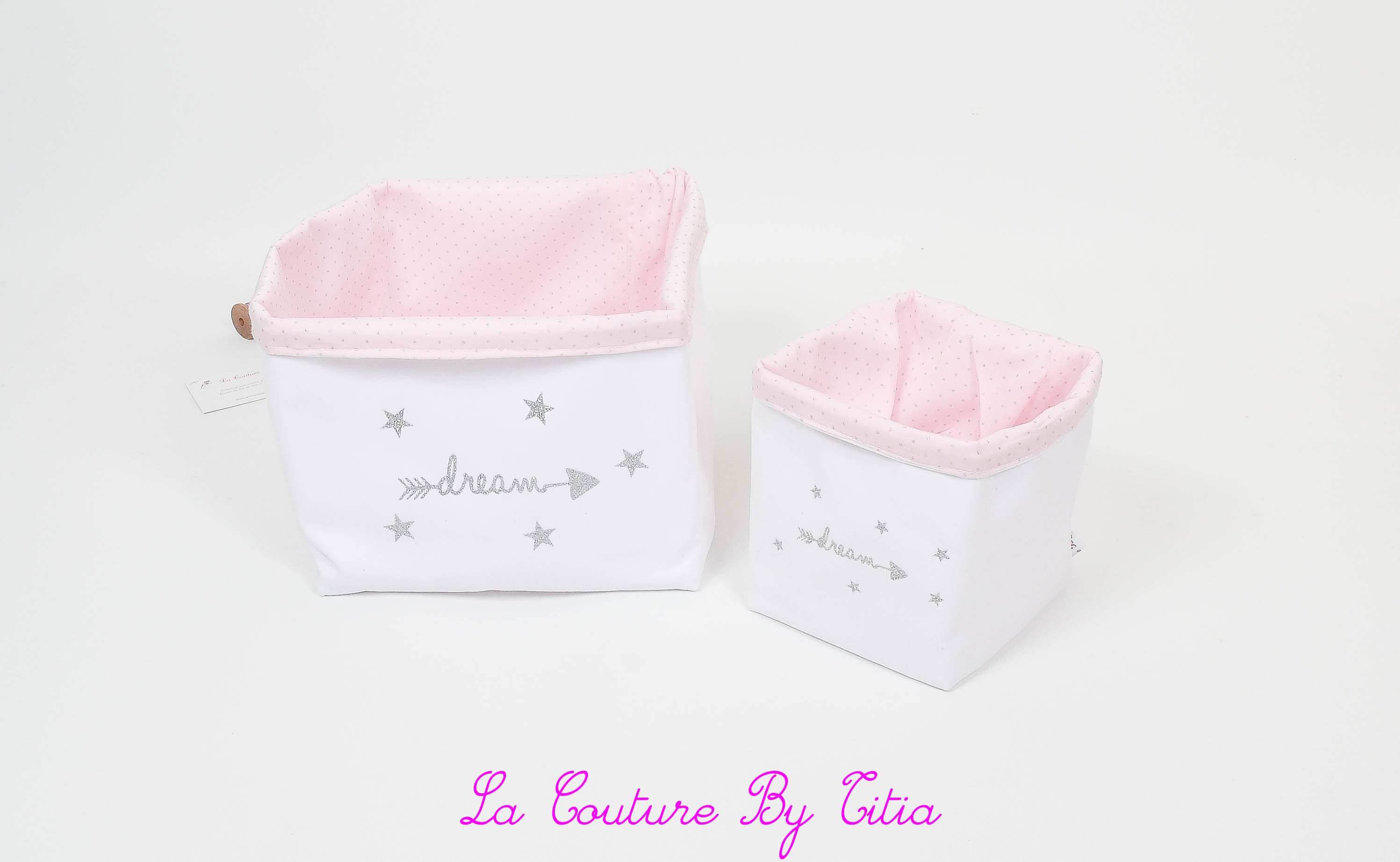 Lot de 2 Panières Corbeilles Rangement Fait Main Blanc, Rose Poudré à Pois Argent Motif Dream Glitte