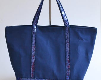 Midnight blue sequins suedette tote bag handmade Vanessa Bruno style women's fashion