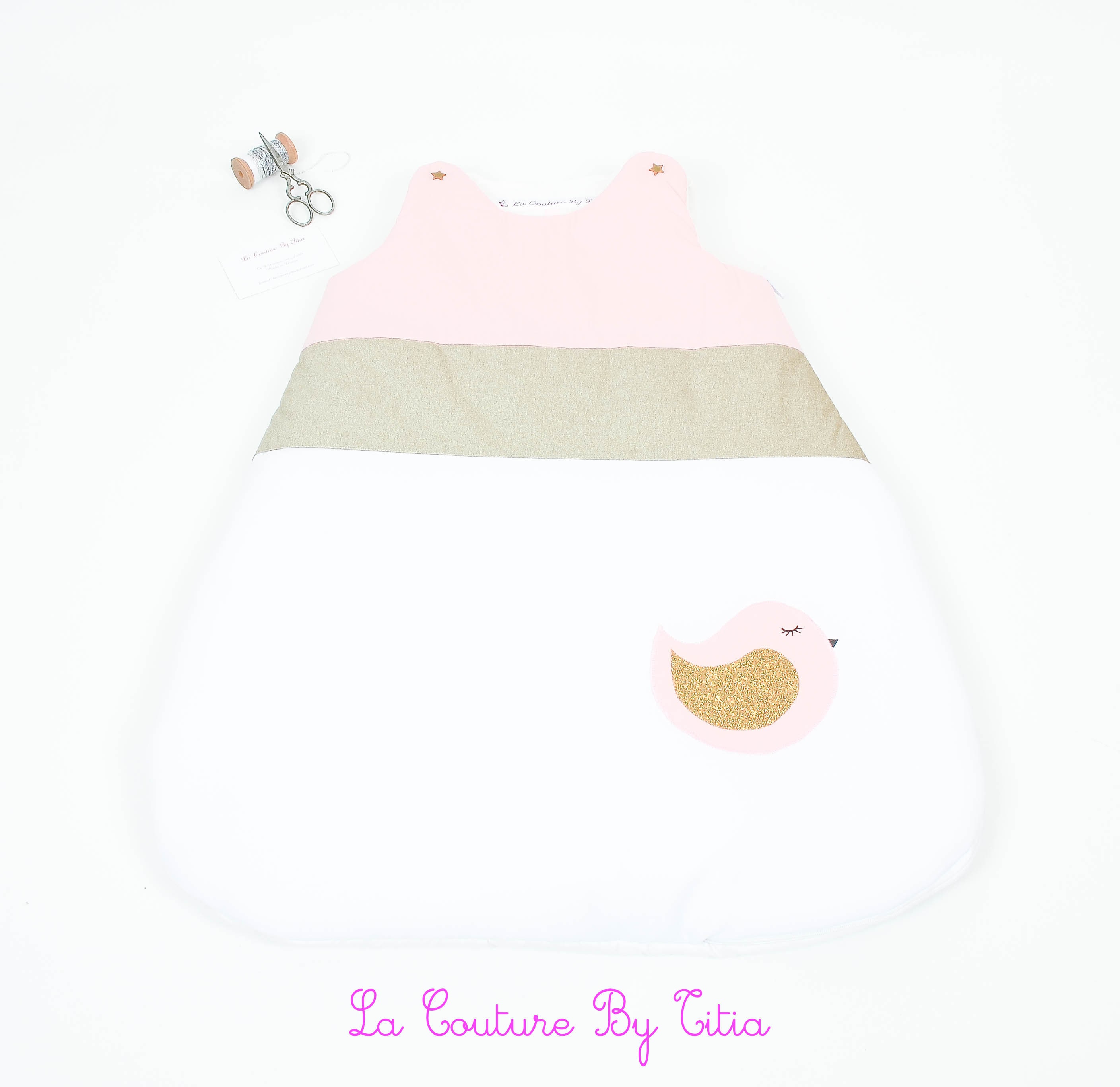 Turbulette Gigoteuse 0 - 6 Mois Fait Main Blanc Rose et Oiseau Or @lacouturebytitia