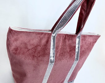 Sac cabas en velours côtelé vieux rose paillettes argent fait main style Vanessa Bruno mode femme