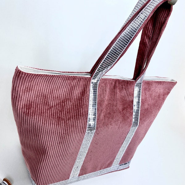 Sac cabas en velours côtelé vieux rose paillettes argent fait main style Vanessa Bruno mode femme