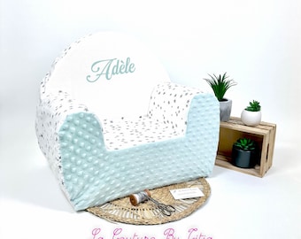 Children's armchair, children's armchair to personalize, children's club armchair, white children's club armchair with gray stars and water green minky