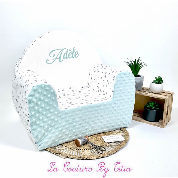 Fauteuil enfant, fauteuil enfant à personnaliser, fauteuil enfant club, fauteuil club enfant blanc étoiles gris et minky vert d'eau