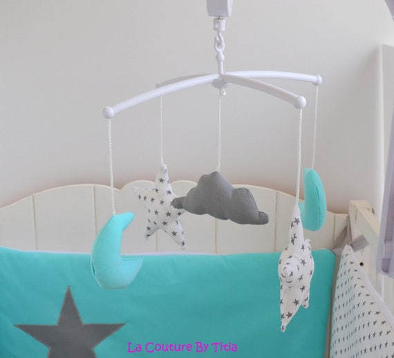 Mobile Musical Bebe Fait Main Etoiles Lune Et Nuage Gris Et Etsy