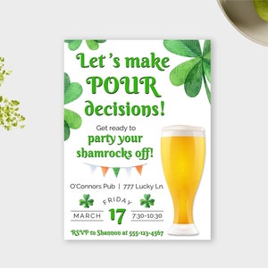 St. Patricks Day Invitation, St Pattys Day Invite, Adult St Patricks Day Party, St Paddy’s Day Invitation, Editable Template, DIY, Printable