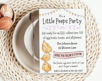 May include: A colorful invitation for a "Little Peeps Party" with a cartoon image of three yellow chicks stacked on top of each other. The invitation includes the date and time of the party, the address, and an RSVP contact.